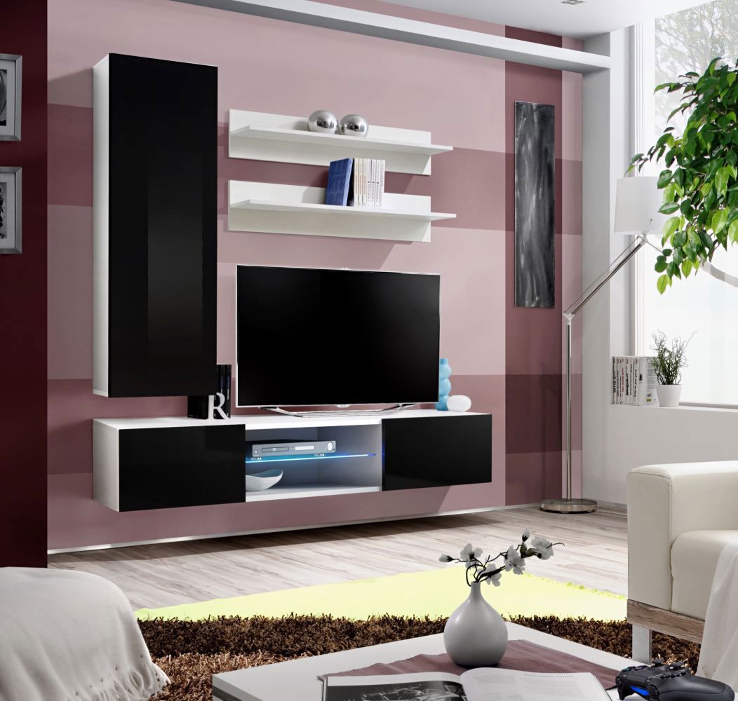 Elégant meuble-paroi Hompland 186, couleur : noir / blanc - dimensions : 170 x 160 x 40 cm (h x l x p), avec fonction push-to-open