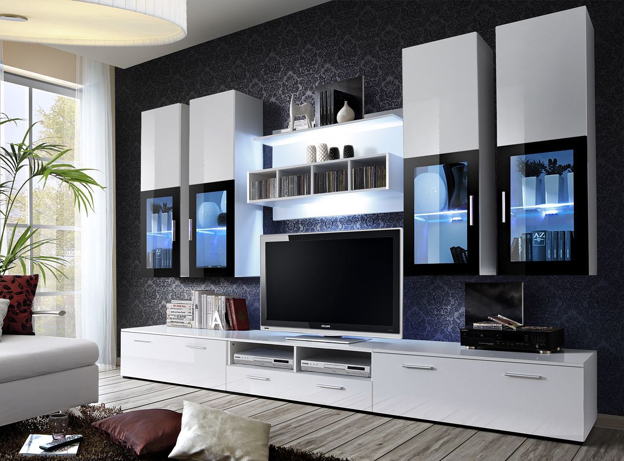 Grand mur de salon Bjordal 55, Couleur : Blanc brillant - Dimensions : 190 x 300 x 45 cm (h x l x p), avec deux tiroirs