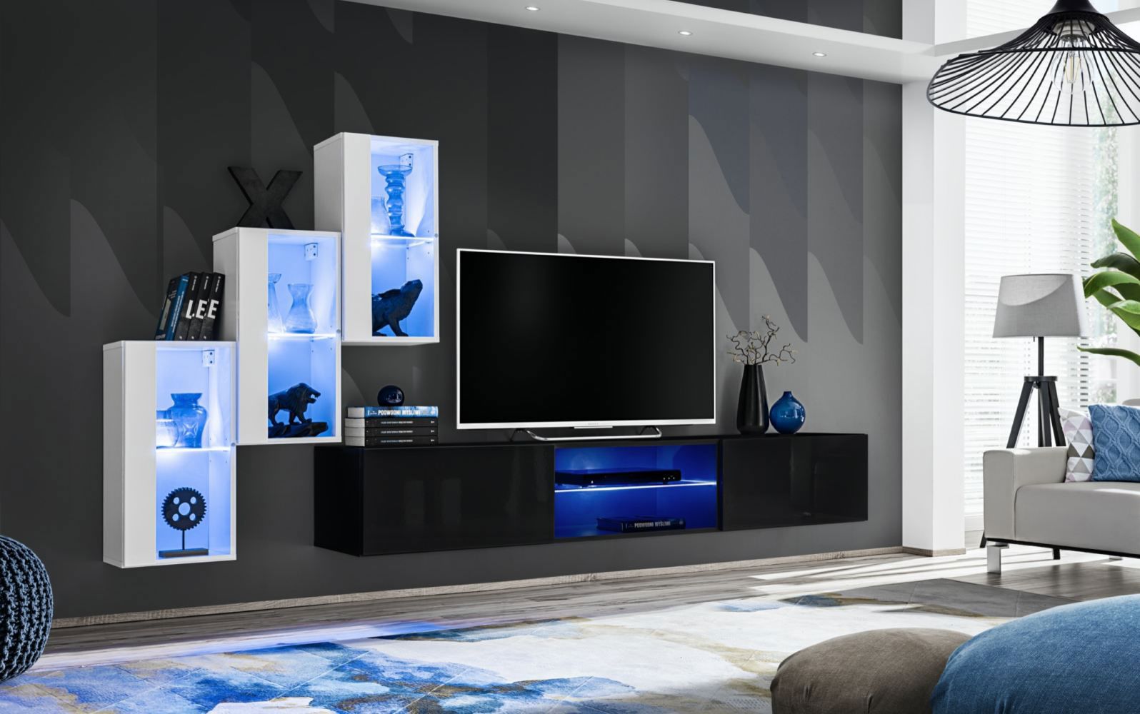 Elégant meuble-paroi avec fonction push-to-open Volleberg 21, couleur : blanc / noir - dimensions : 120 x 210 x 40 cm (h x l x p), avec cinq portes