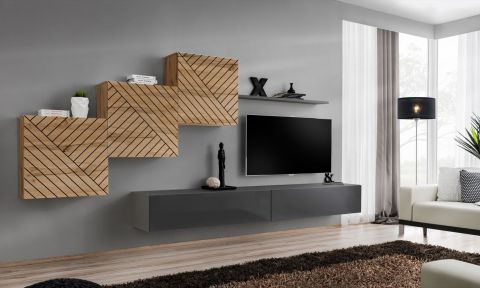 Elégant meuble-paroi avec cinq portes Kongsvinger 74, Couleur : Chêne Wotan / Gris brillant - Dimensions : 150 x 330 x 40 cm (H x L x P)