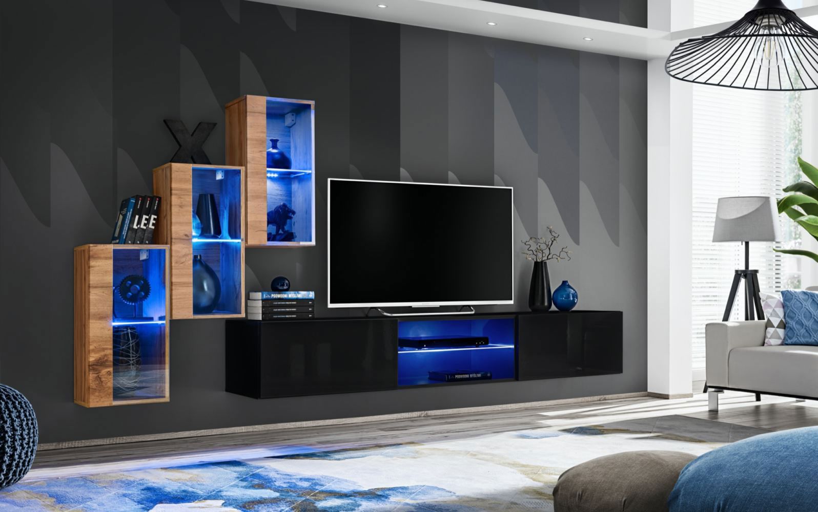 Meuble-paroi au design élégant Volleberg 29, couleur : chêne wotan / noir - dimensions : 120 x 210 x 40 cm (h x l x p), avec éclairage LED bleu