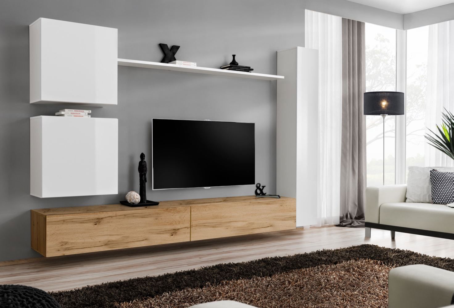 Elégant meuble-paroi Balestrand 125, couleur : chêne wotan / noir - dimensions : 180 x 280 x 40 cm (h x l x p), avec fonction push-to-open