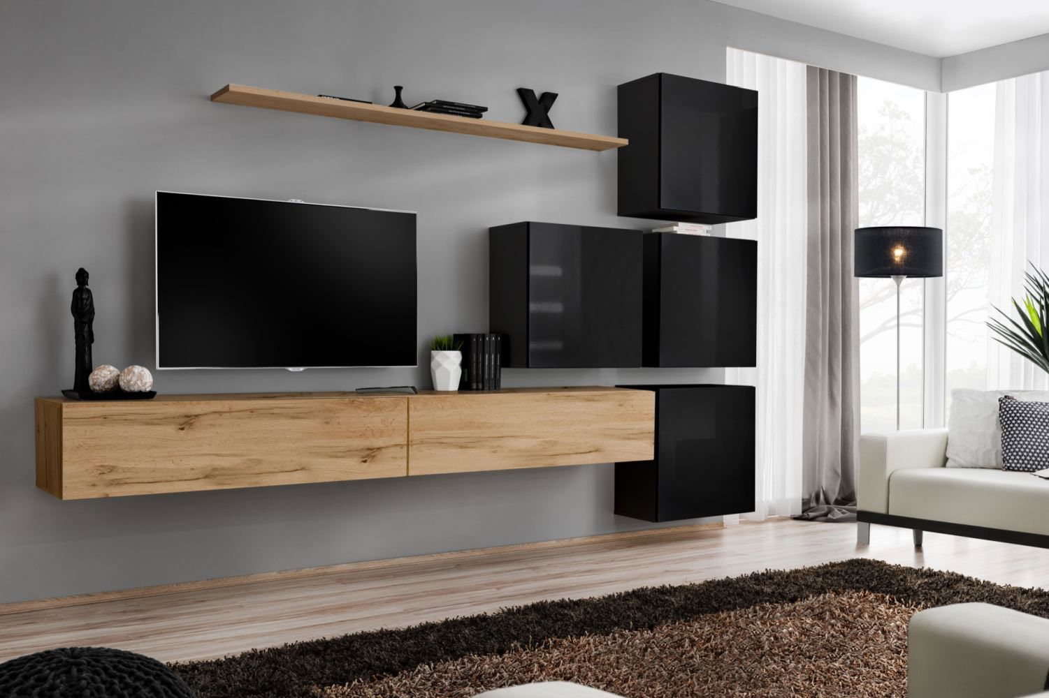 Elégant meuble-paroi Balestrand 141, couleur : chêne wotan / noir - dimensions : 200 x 310 x 40 cm (h x l x p), avec 12 compartiments