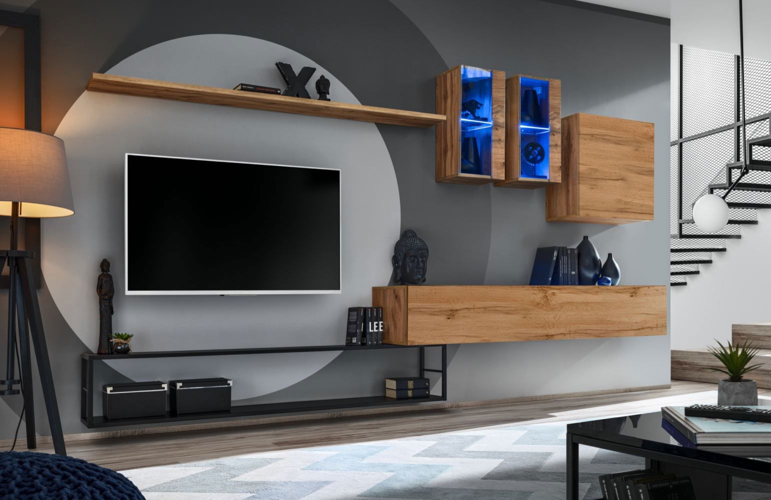 Elégant meuble-paroi Valand 04, couleur : chêne wotan - dimensions : 180 x 330 x 40 cm (h x l x p), avec fonction push-to-open