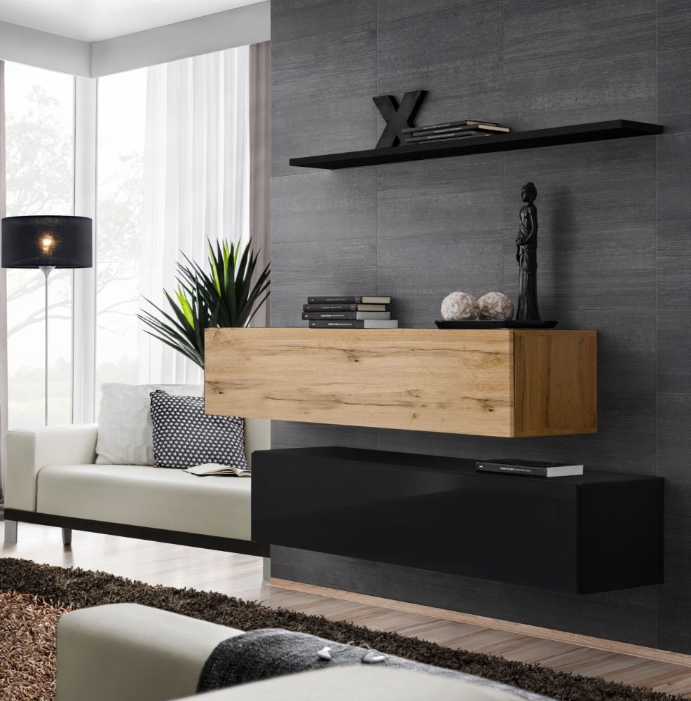Lot de 2 meubles bas TV avec fonction push-to-open Balestrand 350, couleur : noir / chêne wotan - dimensions : 110 x 130 x 30 cm (h x l x p), avec étagère murale