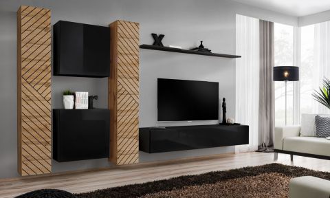 Elégant meuble-paroi Kongsvinger 44, couleur : chêne wotan / noir brillant - dimensions : 180 x 330 x 40 cm (h x l x p), avec cinq portes