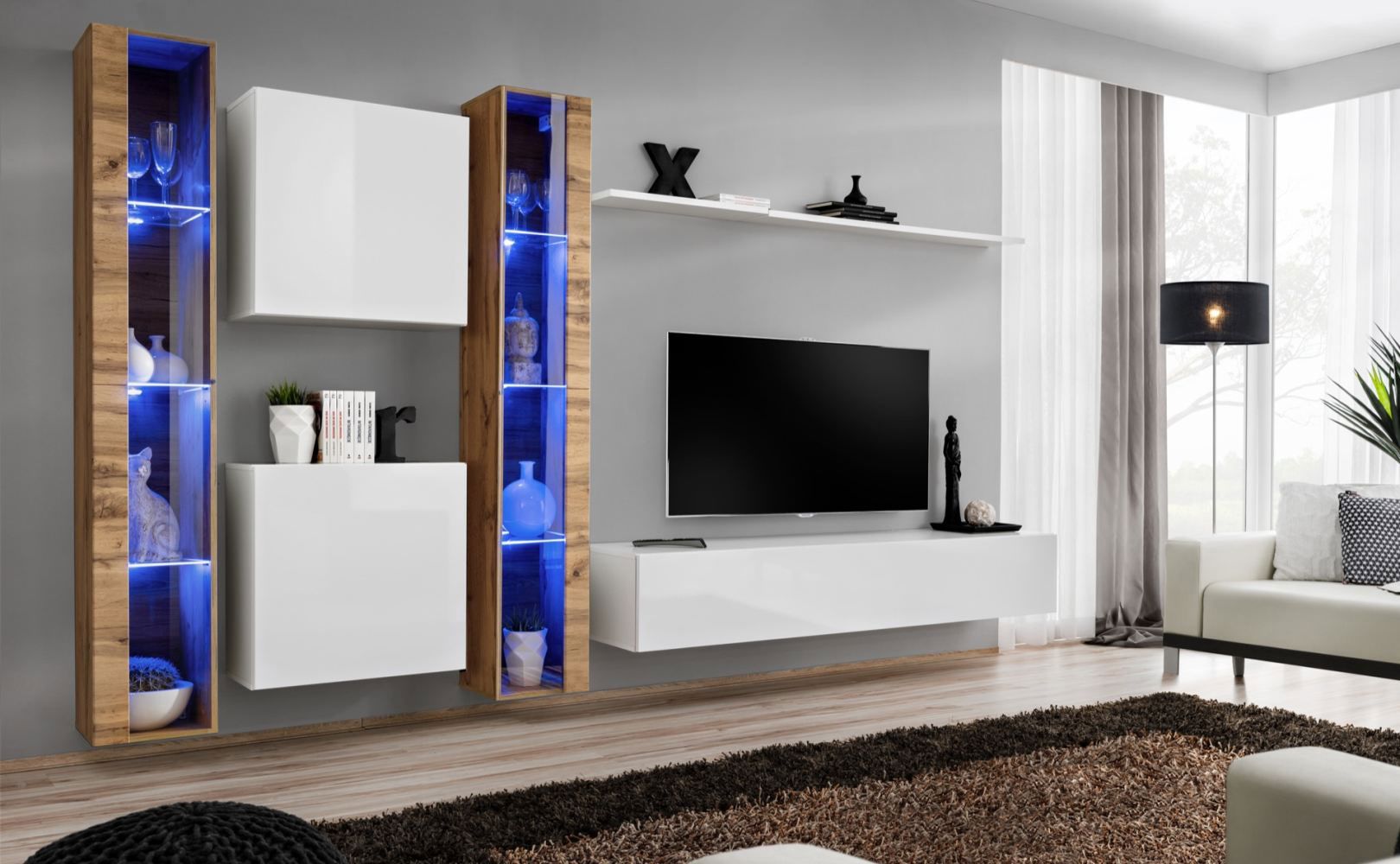 Elégant meuble-paroi Balestrand 251, couleur : chêne wotan / blanc - dimensions : 180 x 330 x 40 cm (h x l x p), avec suffisamment d'espace de rangement
