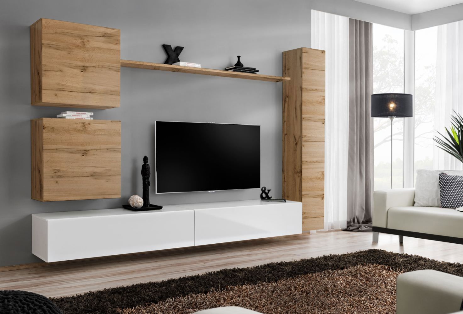 Grand meuble-paroi Balestrand 123, couleur : chêne wotan / blanc - dimensions : 180 x 280 x 40 cm (h x l x p), avec suffisamment d'espace de rangement