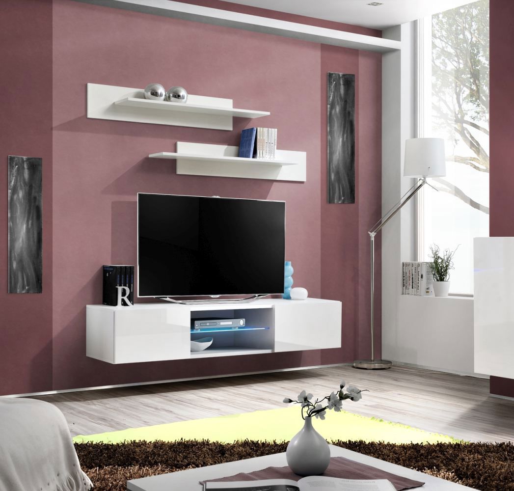 Meuble TV suspendu Raudberg 06, couleur : blanc - dimensions : 30 x 160 x 40 cm (h x l x p), éclairage LED bleu inclus