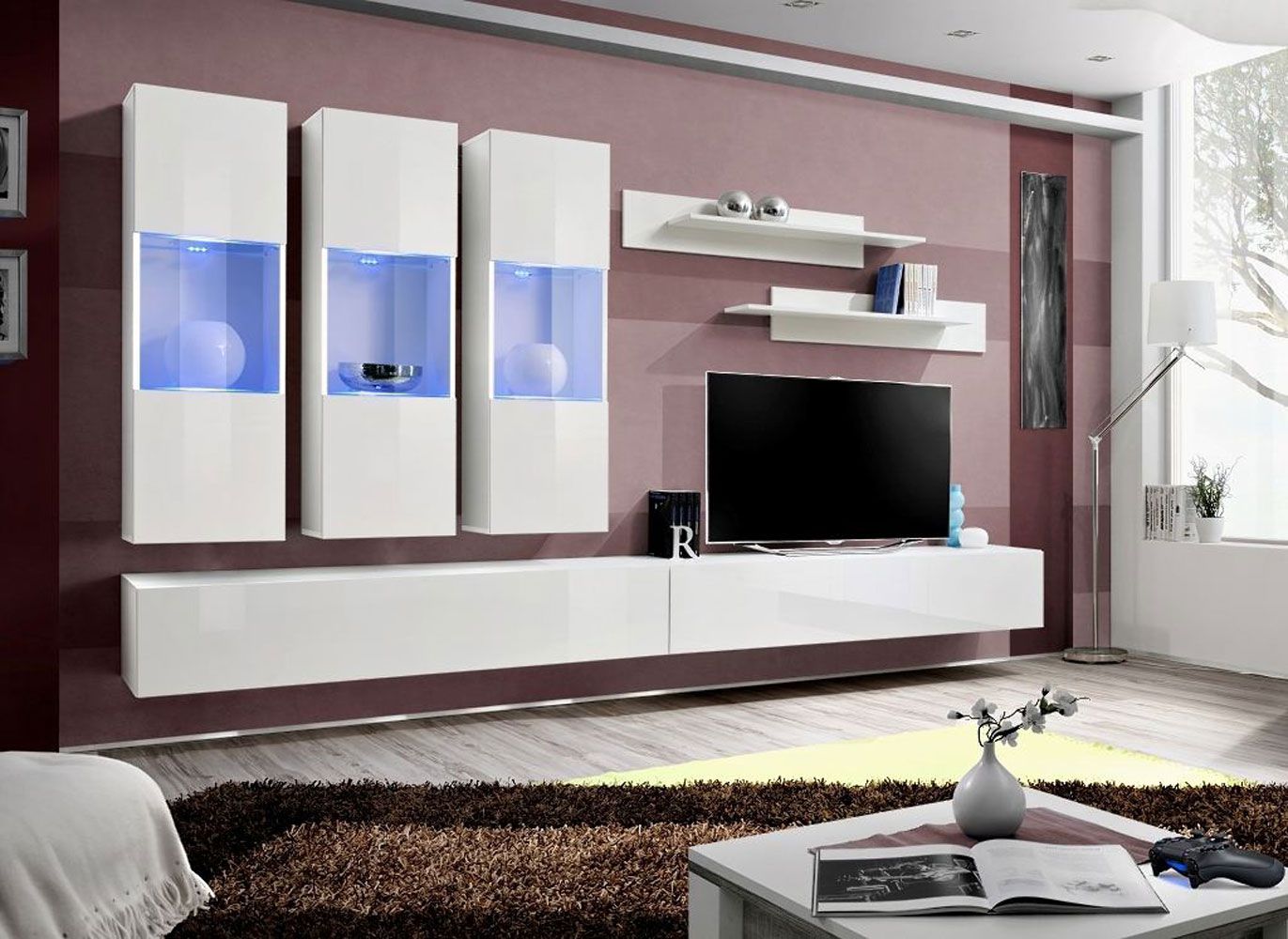 Mur de salon exceptionnel Hompland 46, Couleur : Blanc - dimensions : 170 x 320 x 40 cm (h x l x p), avec fonction push-to-open