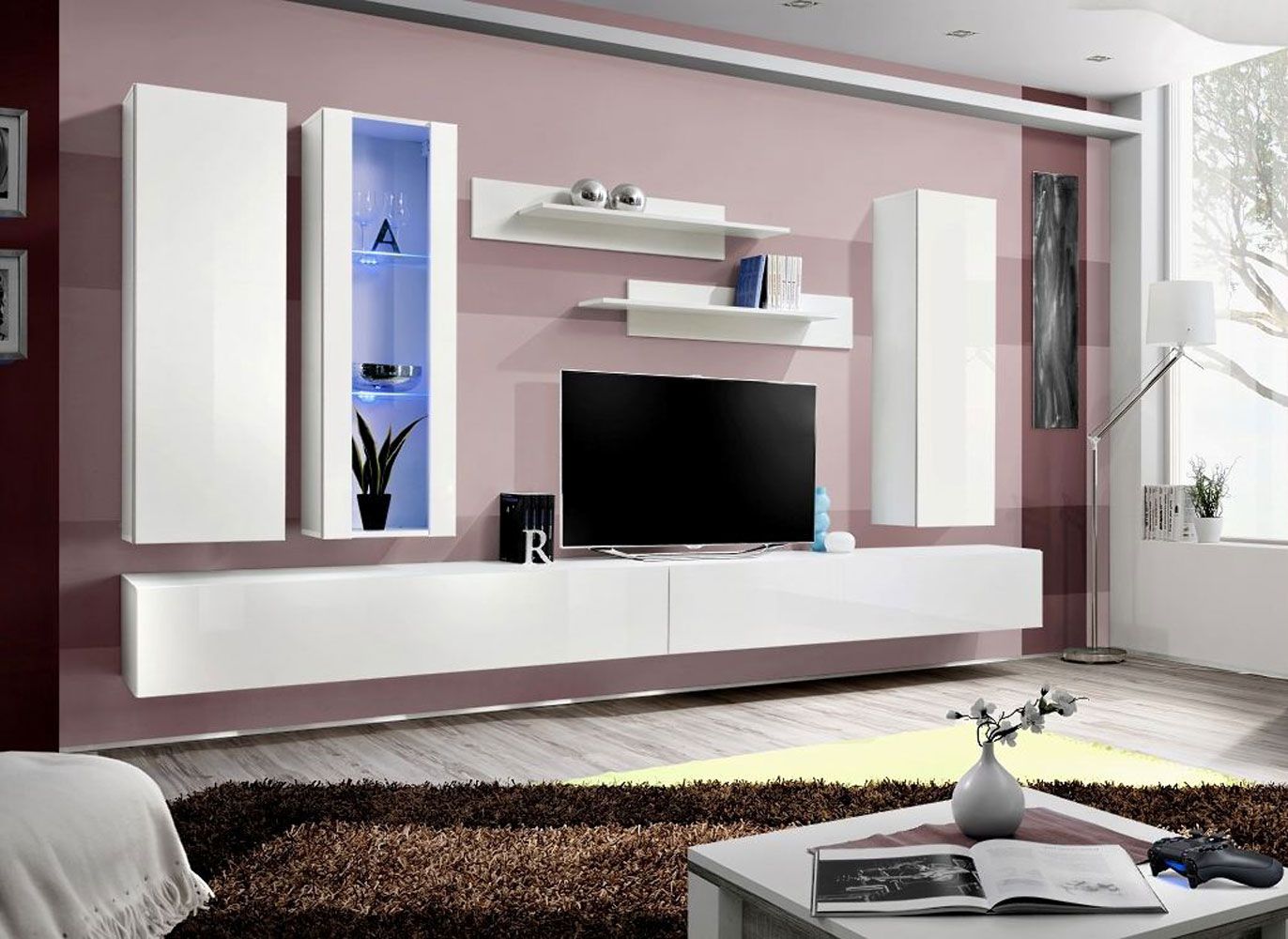 Elégant meuble-paroi Hompland 54, couleur : blanc - dimensions : 170 x 320 x 40 cm (h x l x p), avec une vitrine suspendue