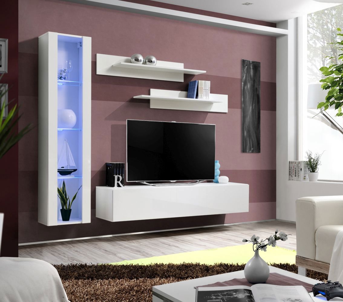 Elégant meuble-paroi Hompland 66, couleur : blanc - dimensions : 170 x 210 x 40 cm (h x l x p), avec fonction push-to-open