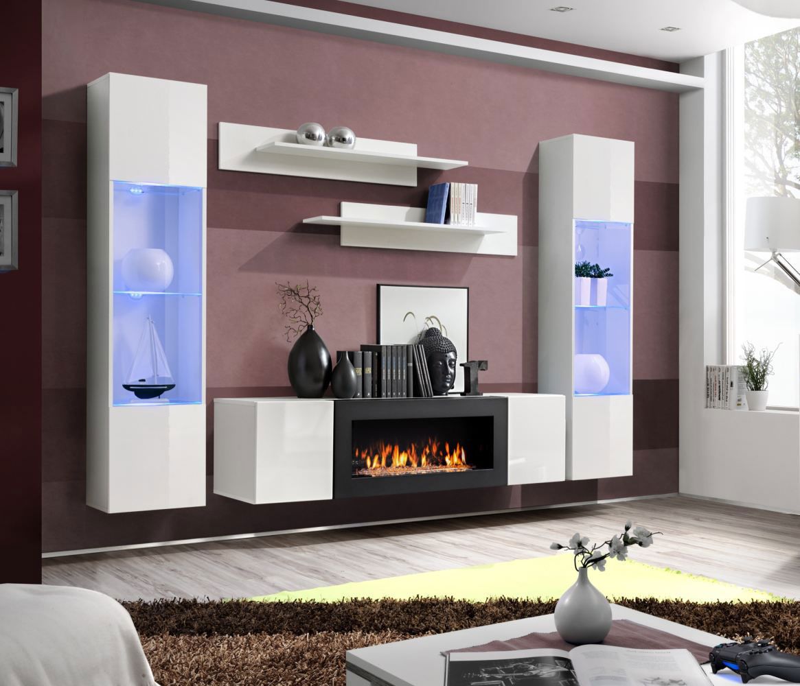 Elégant meuble-paroi avec cheminée Hompland 117, couleur : blanc - Dimensions : 170 x 260 x 40 cm (h x l x p), avec Push-to-open