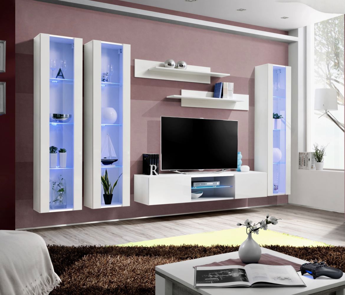 Meuble-paroi Salon Hompland 157, couleur : blanc - dimensions : 170 x 260 x 40 cm (h x l x p), avec éclairage LED bleu