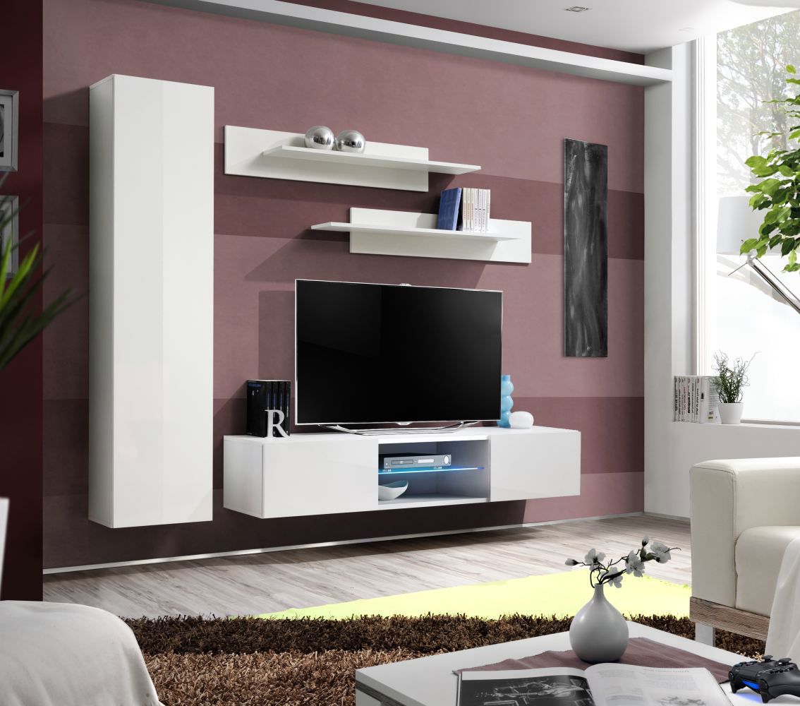 Elégant meuble-paroi Hompland 173, couleur : blanc - dimensions : 170 x 210 x 40 cm (h x l x p), avec deux étagères murales