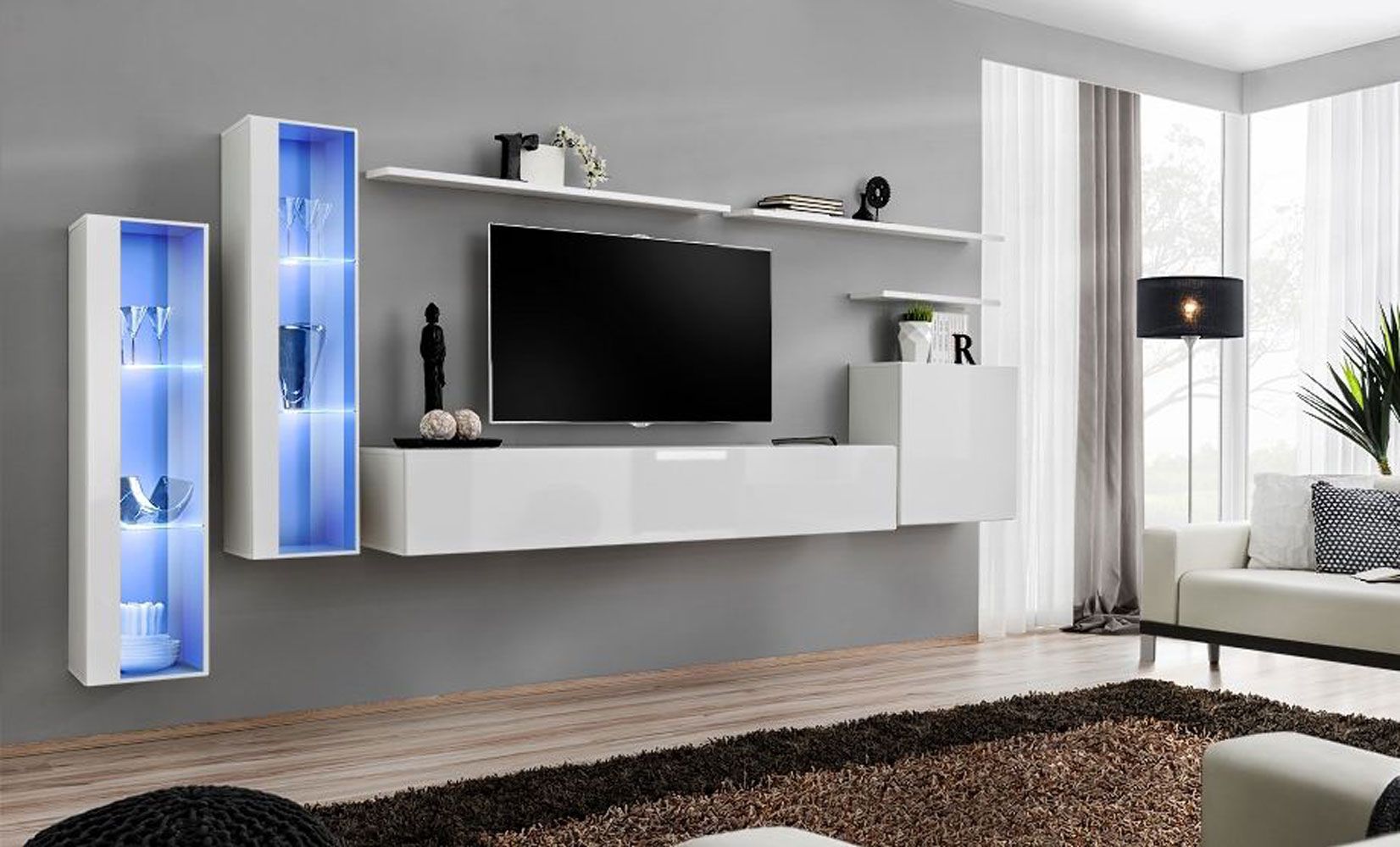 Elégant meuble-paroi avec éclairage LED Balestrand 161, couleur : blanc - dimensions : 160 x 330 x 40 cm (h x l x p), avec 11 compartiments