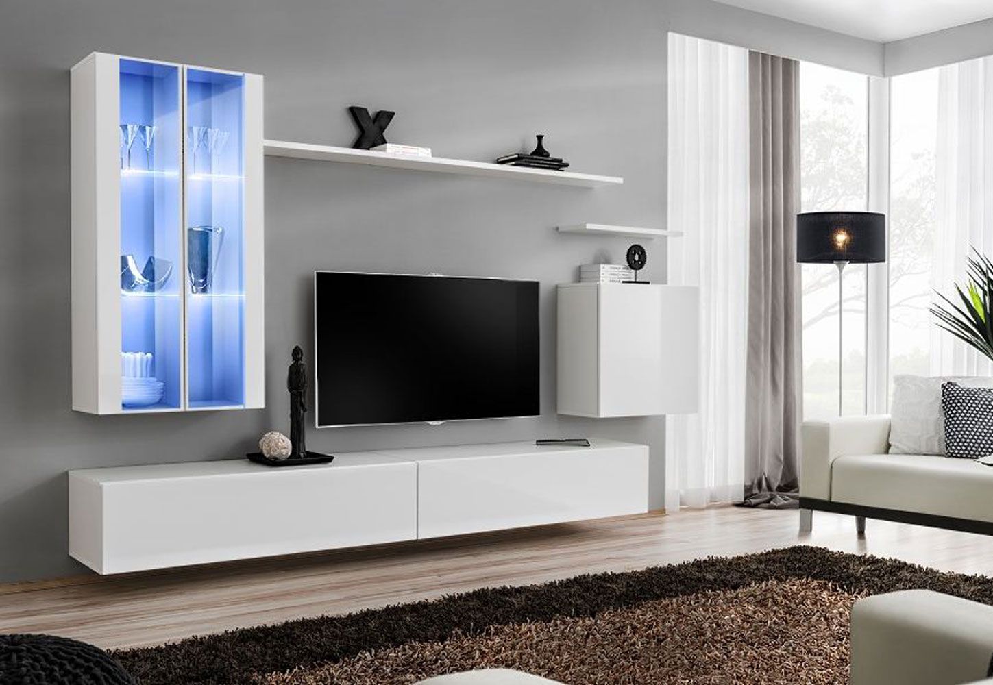 Grand meuble-paroi Balestrand 177, couleur : blanc - dimensions : 160 x 270 x 40 cm (h x l x p), avec éclairage LED