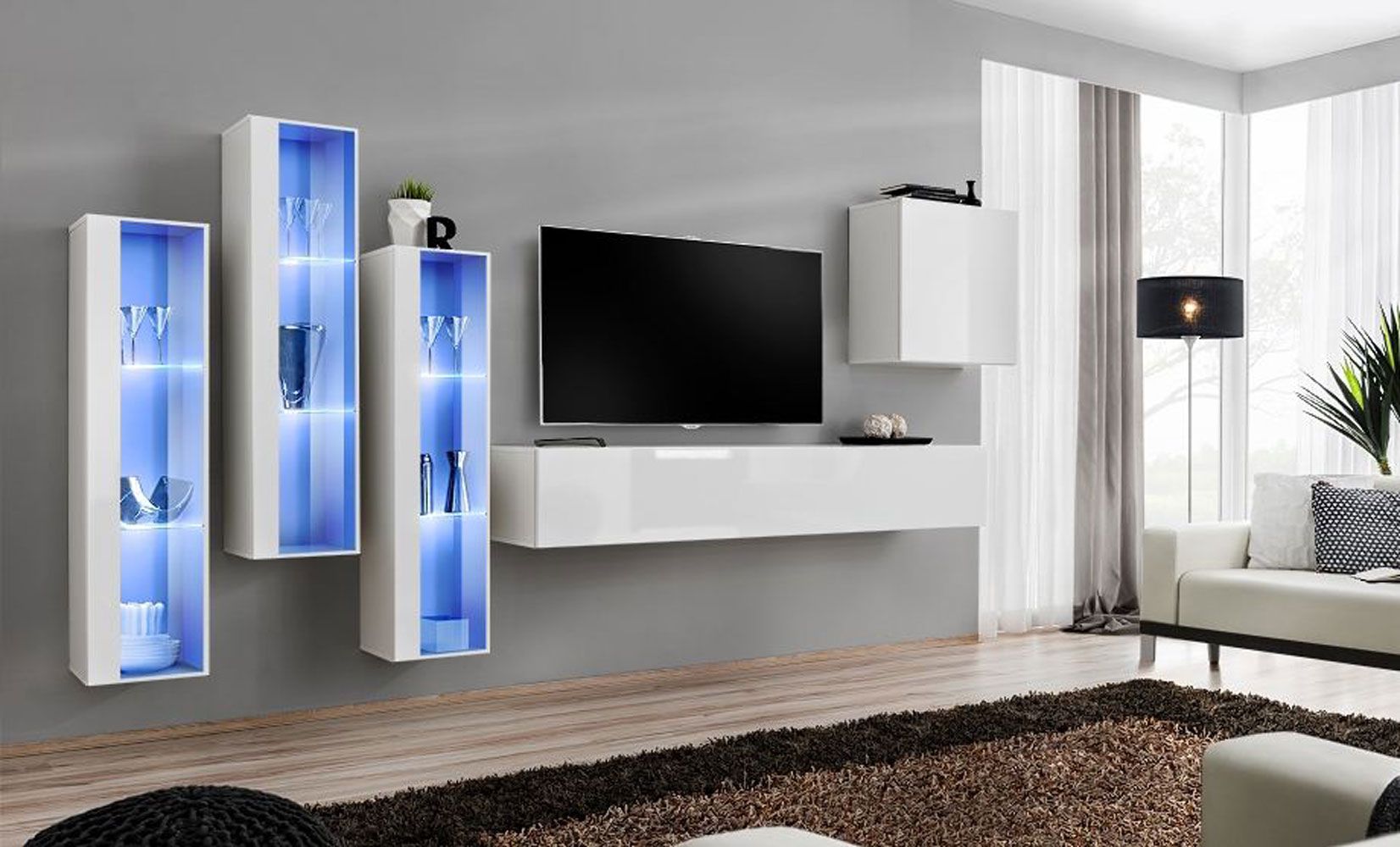 Elégant meuble-paroi Balestrand 193, couleur : blanc - dimensions : 160 x 330 x 40 cm (h x l x p), avec éclairage LED