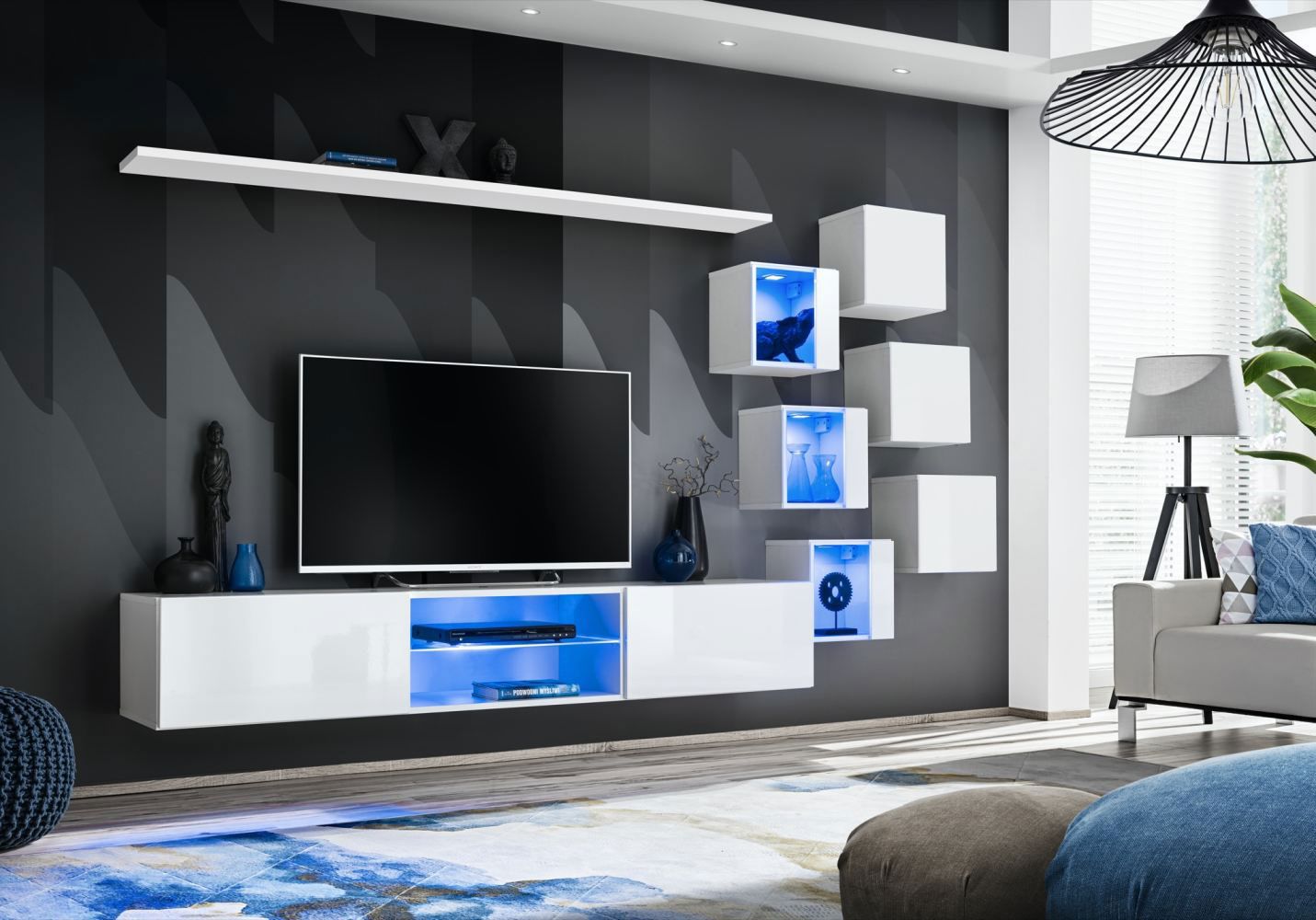 Mur de salon sobre Volleberg 01, Couleur : Blanc - dimensions : 140 x 260 x 40 cm (h x l x p), avec éclairage LED bleu