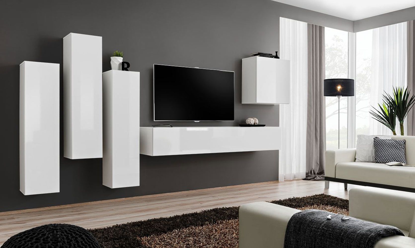 Exceptionnel meuble-paroi Balestrand 33, couleur : blanc - dimensions : 160 x 330 x 40 cm (h x l x p), avec fonction push-to-open