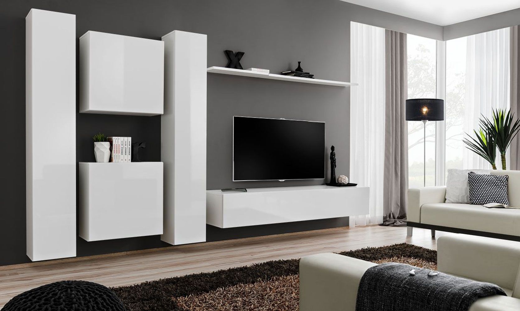 Exceptionnel meuble-paroi Balestrand 81, couleur : blanc - dimensions : 180 x 330 x 40 cm (h x l x p), avec quatre portes