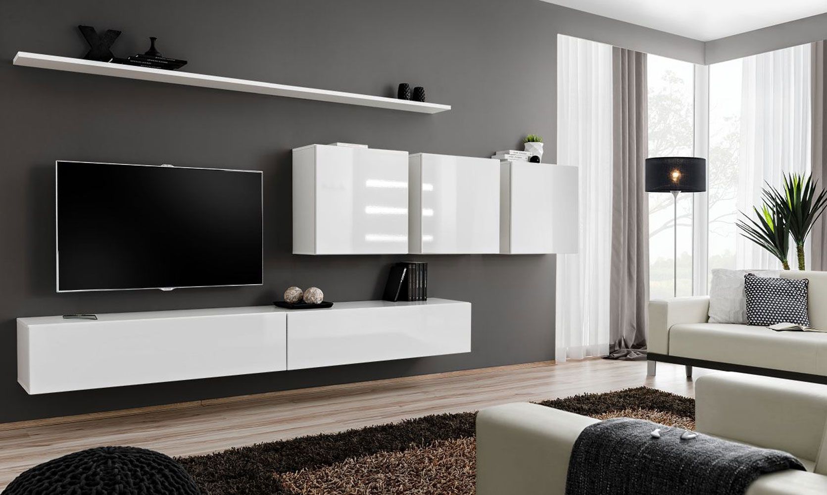 Exceptionnel meuble-paroi Balestrand 97, couleur : blanc - dimensions : 150 x 340 x 40 cm (h x l x p), avec cinq portes