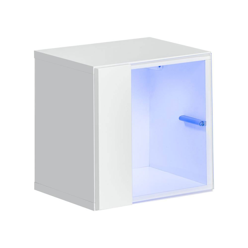 Vitrine suspendue sobre avec éclairage LED bleu Möllen 13, Couleur : Blanc - Dimensions : 30 x 30 x 25 cm (h x l x p), avec fonction push-to-open