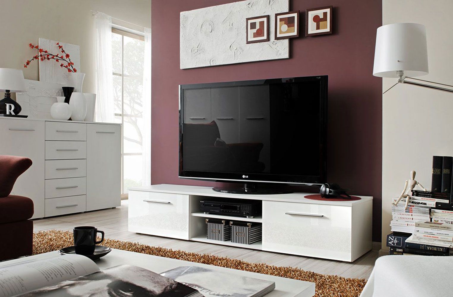 CommodeTV avec deux portes Salmeli 22, Couleur : Noir / Blanc - Dimensions : 35 x 180 x 45 cm (H x L x P)