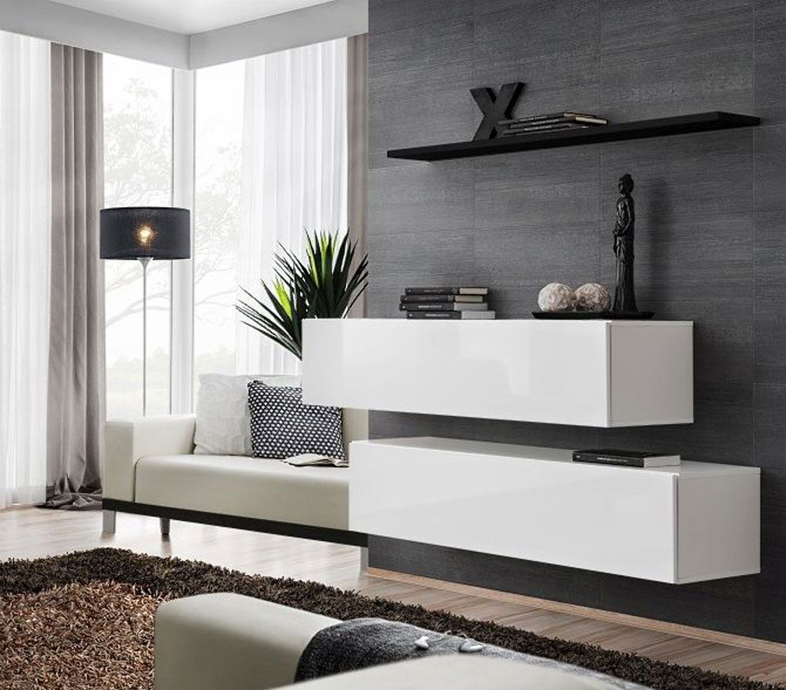 Lot de 2 meubles TV bas exceptionnels Balestrand 342, Couleur : Noir / Blanc - dimensions : 110 x 130 x 30 cm (h x l x p), avec fonction push-to-open