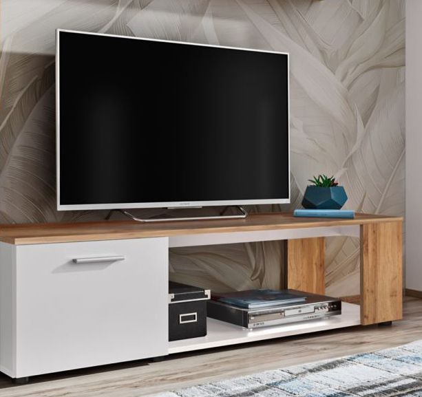 Meuble TV moderne Bjordal 06, couleur : blanc mat / chêne Wotan - dimensions : 39 x 150 x 40 cm (H x L x P), avec suffisamment d'espace de rangement