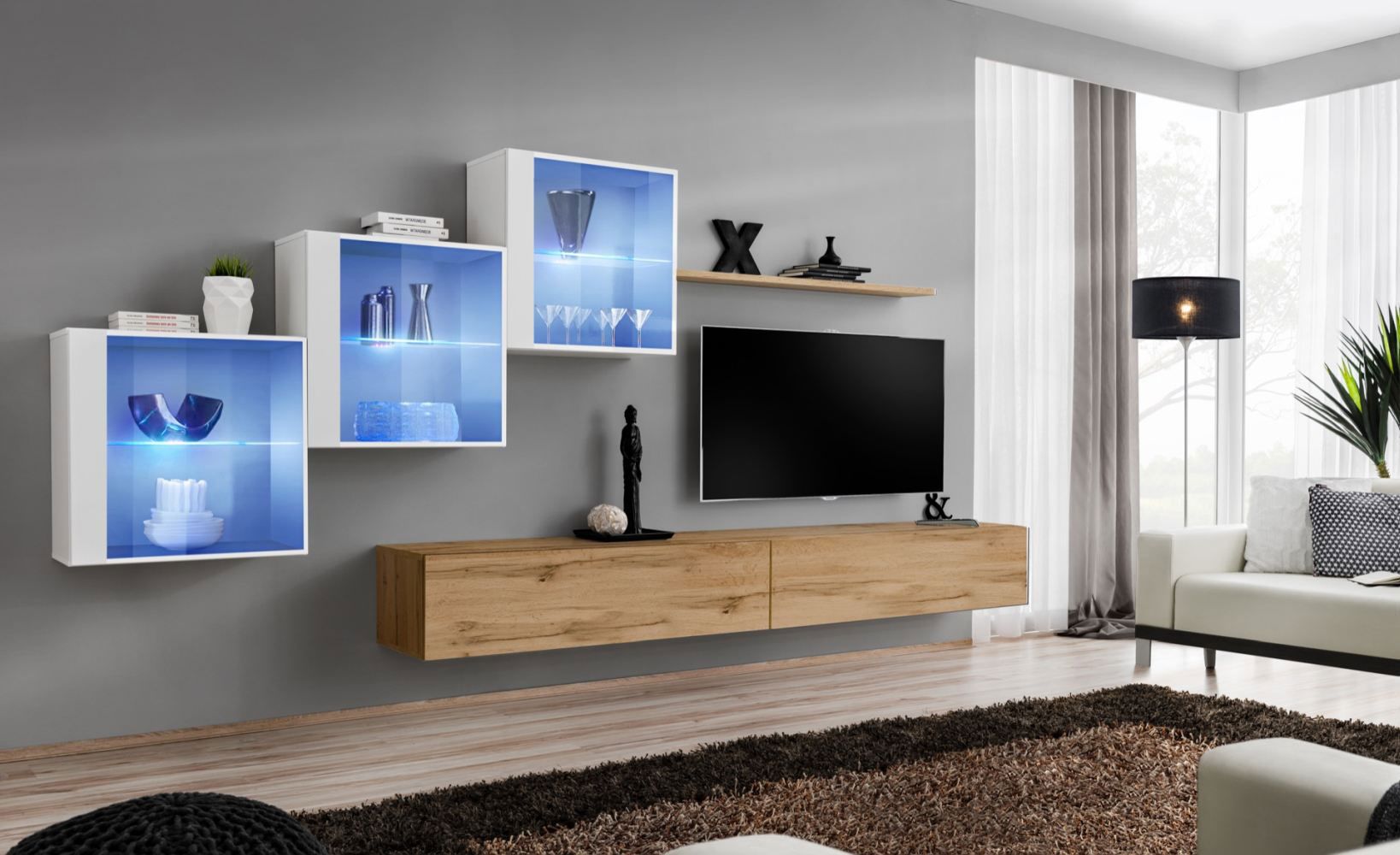 Mur de salon avec deux éléments TV Balestrand 316, Couleur : Blanc / Chêne Wotan - Dimensions : 150 x 330 x 40 cm (H x L x P)