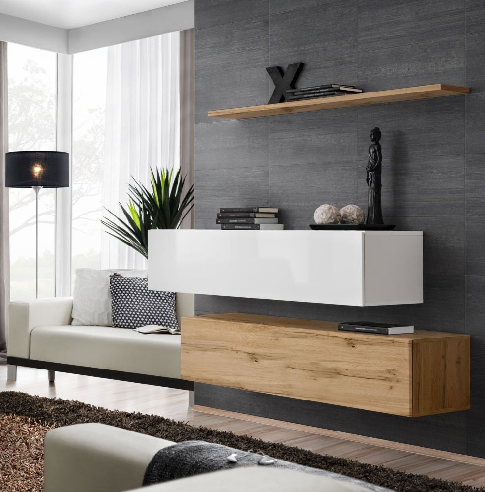 Deux meubles bas TV modernes à quatre compartiments Balestrand 349, Couleur : Chêne wotan / Blanc - dimensions : 110 x 130 x 30 cm (h x l x p), avec tablette murale
