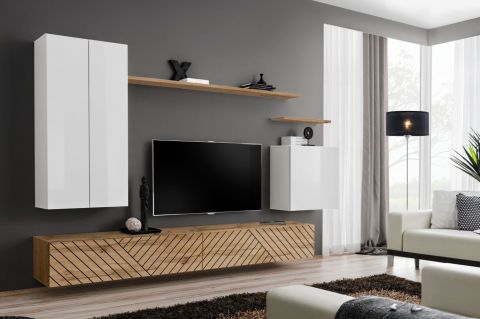 Exceptionnel meuble-paroi Kongsvinger 15, couleur : blanc brillant / chêne Wotan - Dimensions : 160 x 270 x 40 cm (H x L x P)