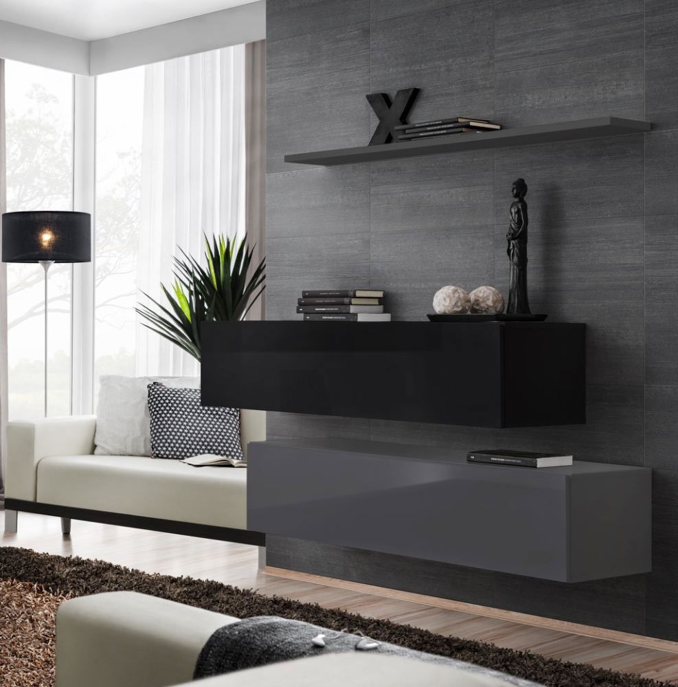Deux meubles bas TV à quatre compartiments Balestrand 347, Couleur : Gris / Noir - dimensions : 110 x 130 x 30 cm (h x l x p), avec tablette murale
