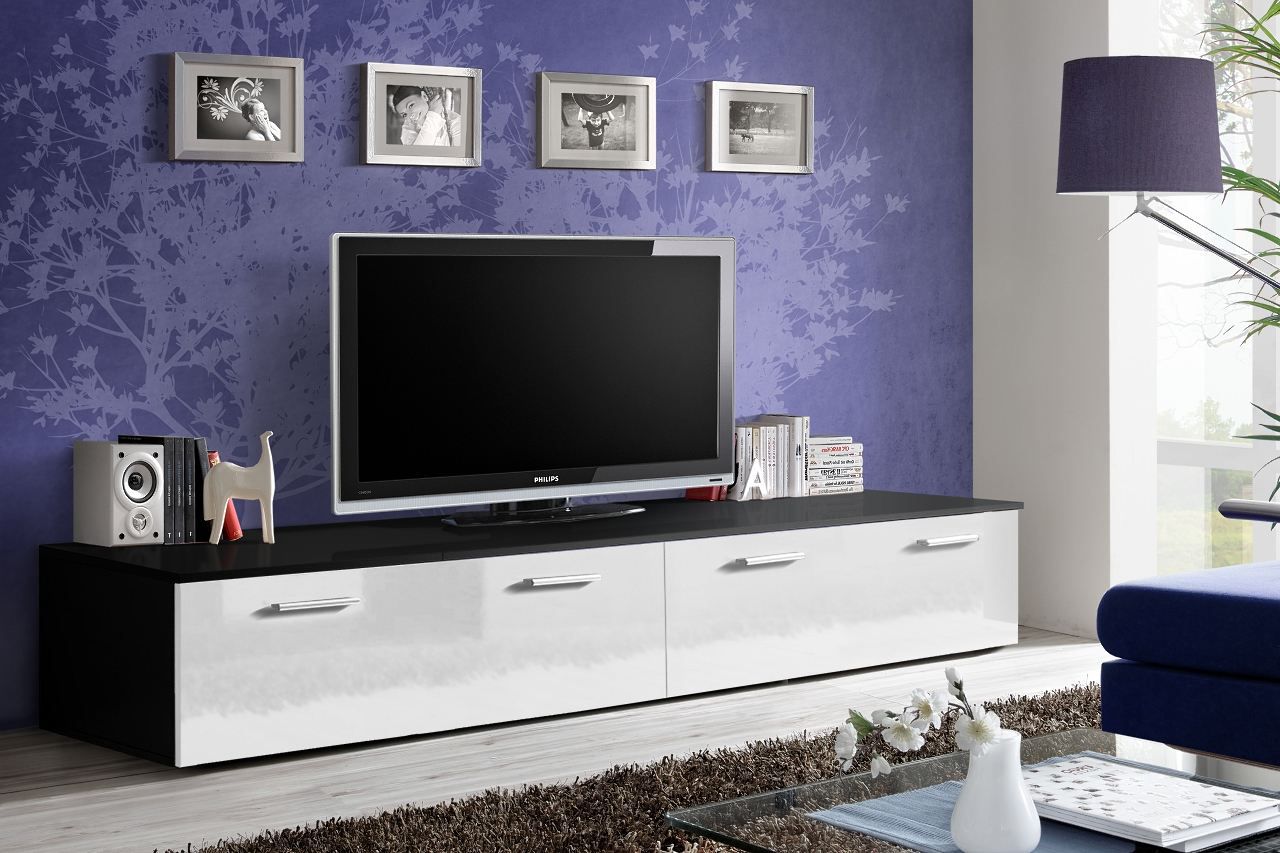 Meuble TV stylé Bjordal 62, Couleur : Blanc brillant / Noir mat - Dimensions : 35 x 200 x 45 cm (H x L x P), avec quatre compartiments