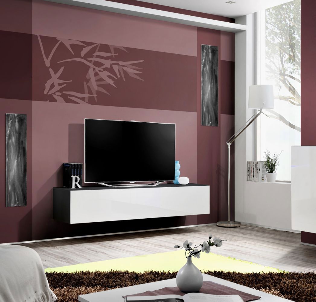 Meuble TV élégant Raudberg 03, Couleur : Blanc / Noir - dimensions : 30 x 160 x 40 cm (h x l x p), avec fonction push-to-open