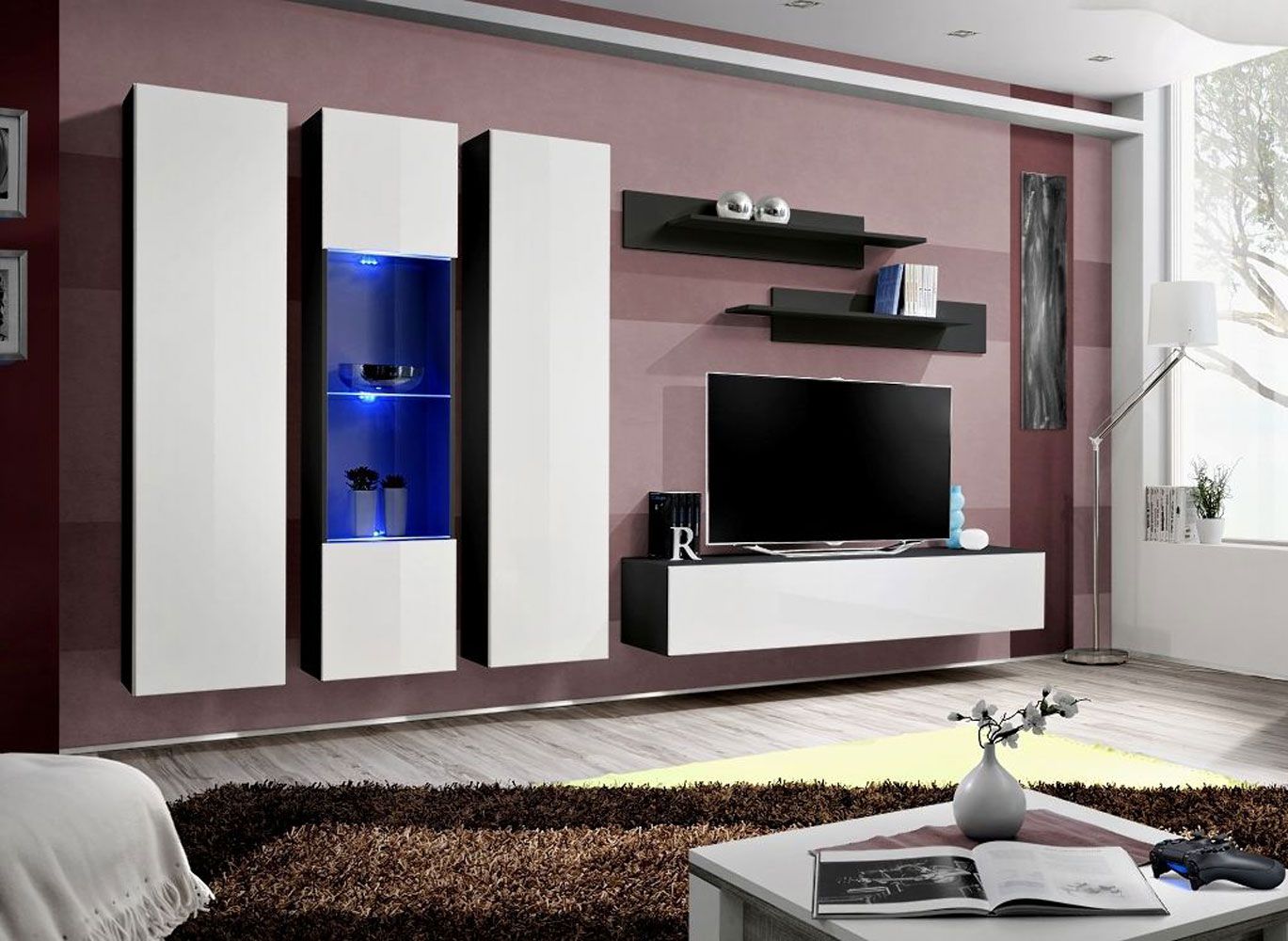 Mur de salon avec deux armoires suspendues Hompland 39, Couleur : Blanc / Noir - dimensions : 170 x 260 x 40 cm (h x l x p), avec fonction push-to-open