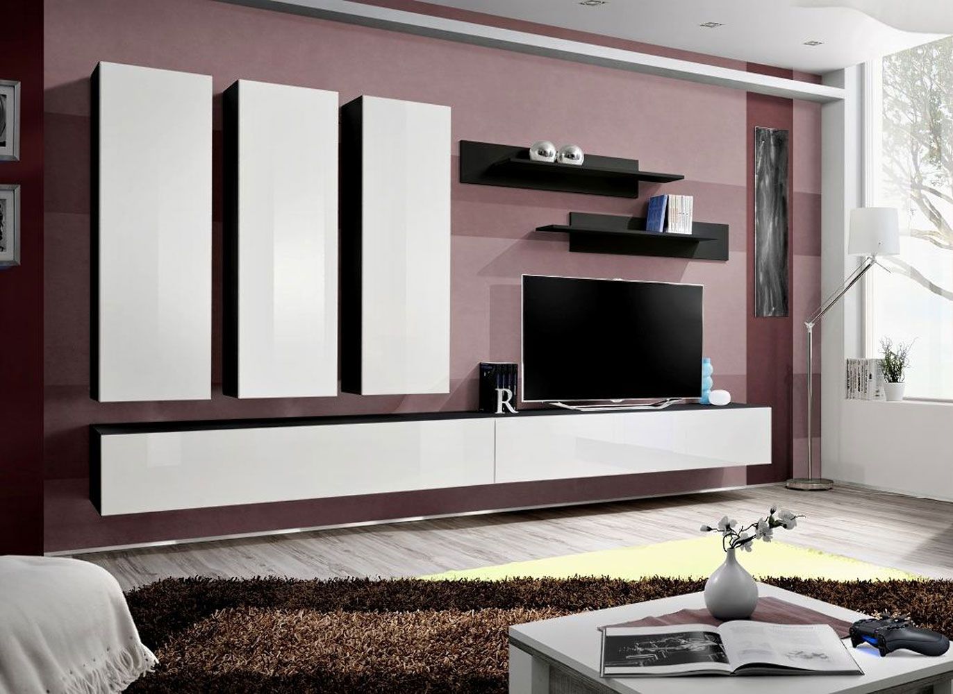 Mur de salon moderne Hompland 43, Couleur : Blanc / Noir - dimensions : 170 x 320 x 40 cm (h x l x p), avec fonction push-to-open