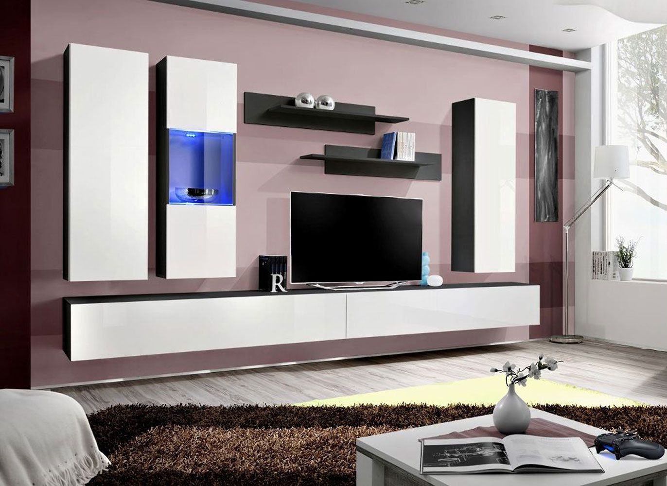 Mur de salon sobre Hompland 59, Couleur : Blanc / Noir - dimensions : 170 x 320 x 40 cm (h x l x p), avec deux armoires suspendues