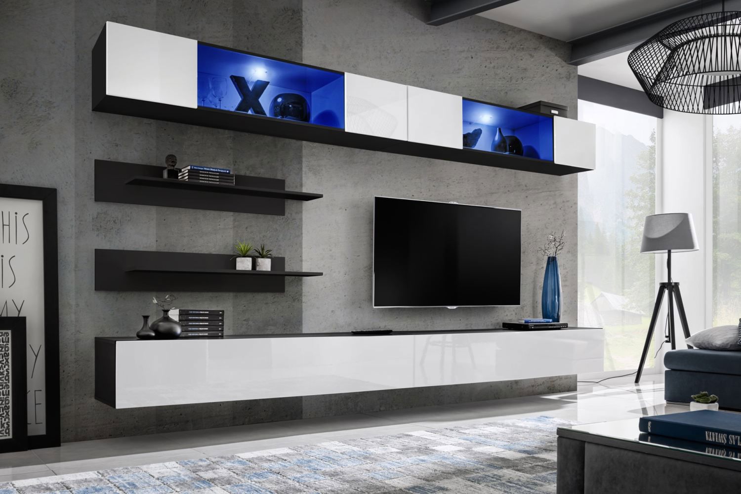 Elégant meuble-paroi Hompland 95, couleur : blanc / noir - dimensions : 180 x 320 x 40 cm (h x l x p), avec éclairage LED bleu