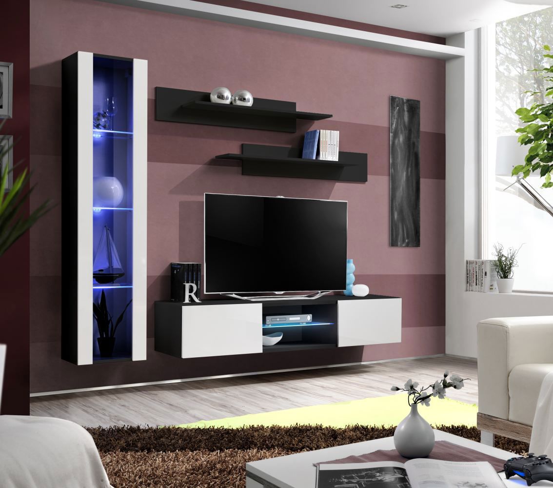 Elégant meuble-paroi Hompland 179, couleur : noir / blanc - dimensions : 170 x 210 x 40 cm (h x l x p), avec éclairage LED bleu
