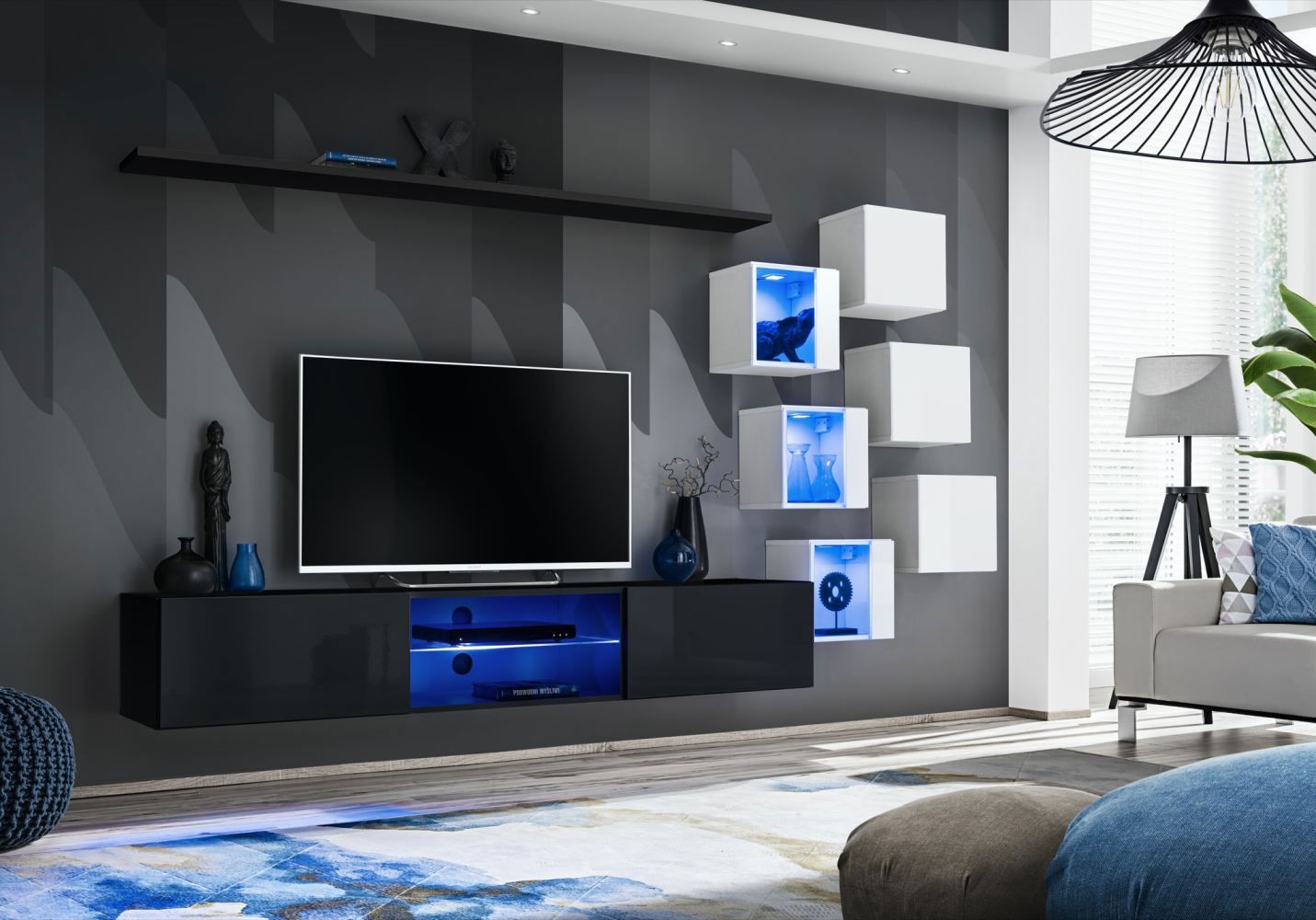 Mur de salon moderne avec fonction push-to-open Volleberg 06, Couleur : Noir / Blanc - Dimensions : 140 x 260 x 40 cm (h x l x p), avec éclairage LED bleu