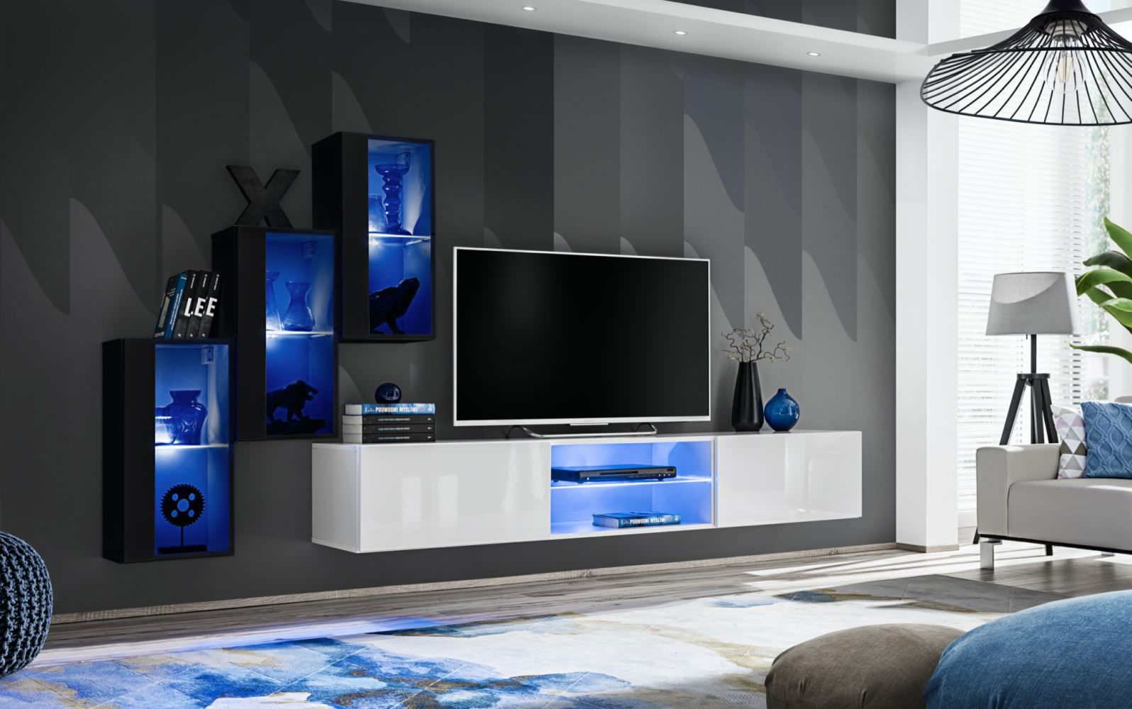 Elégant mur de salon avec éclairage LED Volleberg 22, Couleur : Noir / Blanc - Dimensions : 120 x 210 x 40 cm (H x L x P), avec grand espace de rangement