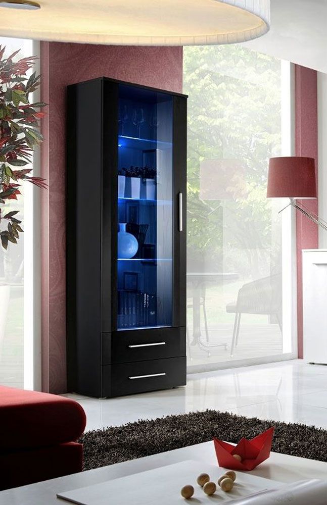 Armoire vitrine avec éclairage LED Salmeli 13, Couleur : Noir / Blanc -  Dimensions : 190 x 60 x 40 cm (h x l x p), avec deux tiroirs