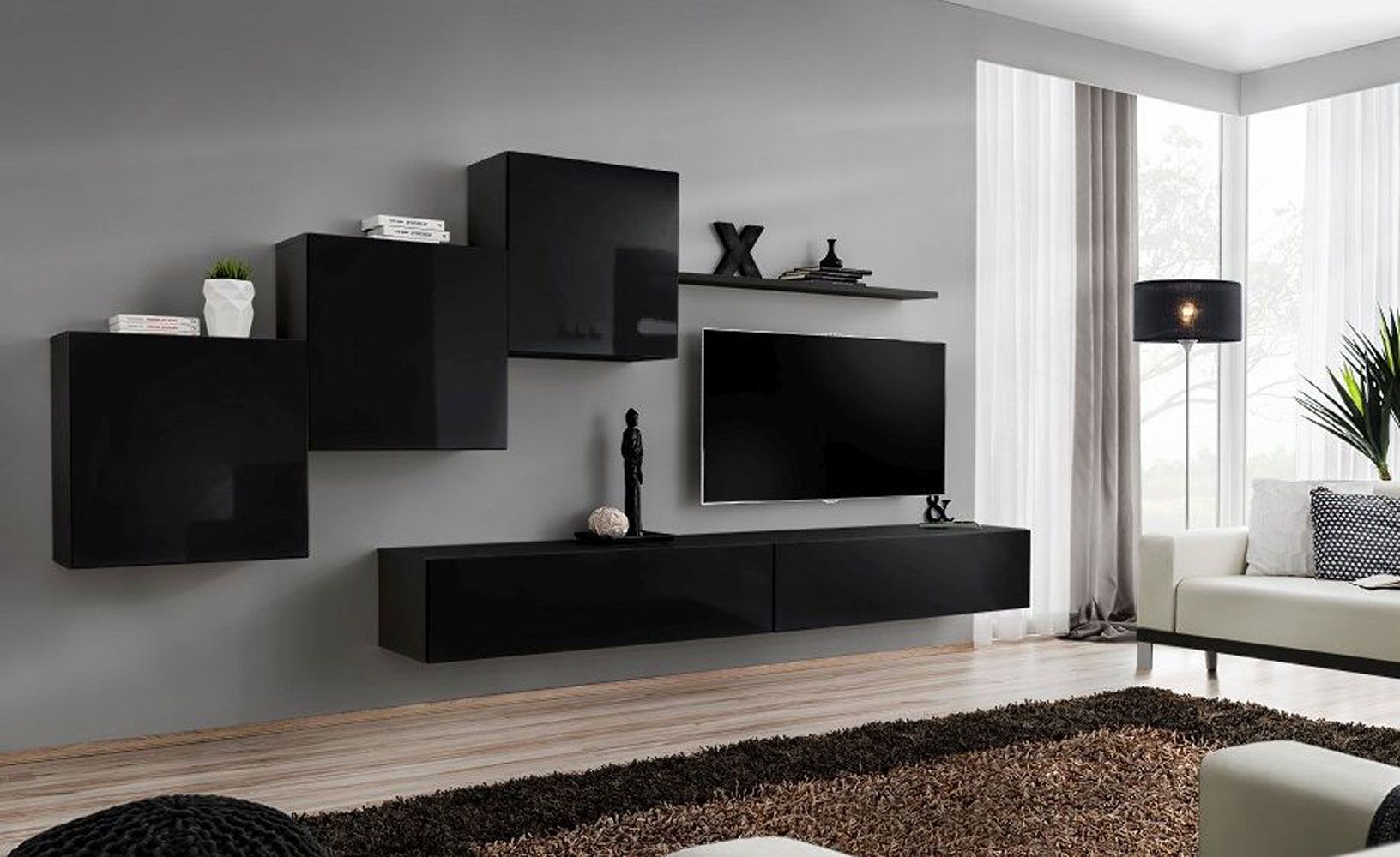 Mur de salon au design stylé Balestrand 148, Couleur : Chêne wotan - dimensions : 150 x 330 x 40 cm (h x l x p), avec fonction push-to-open