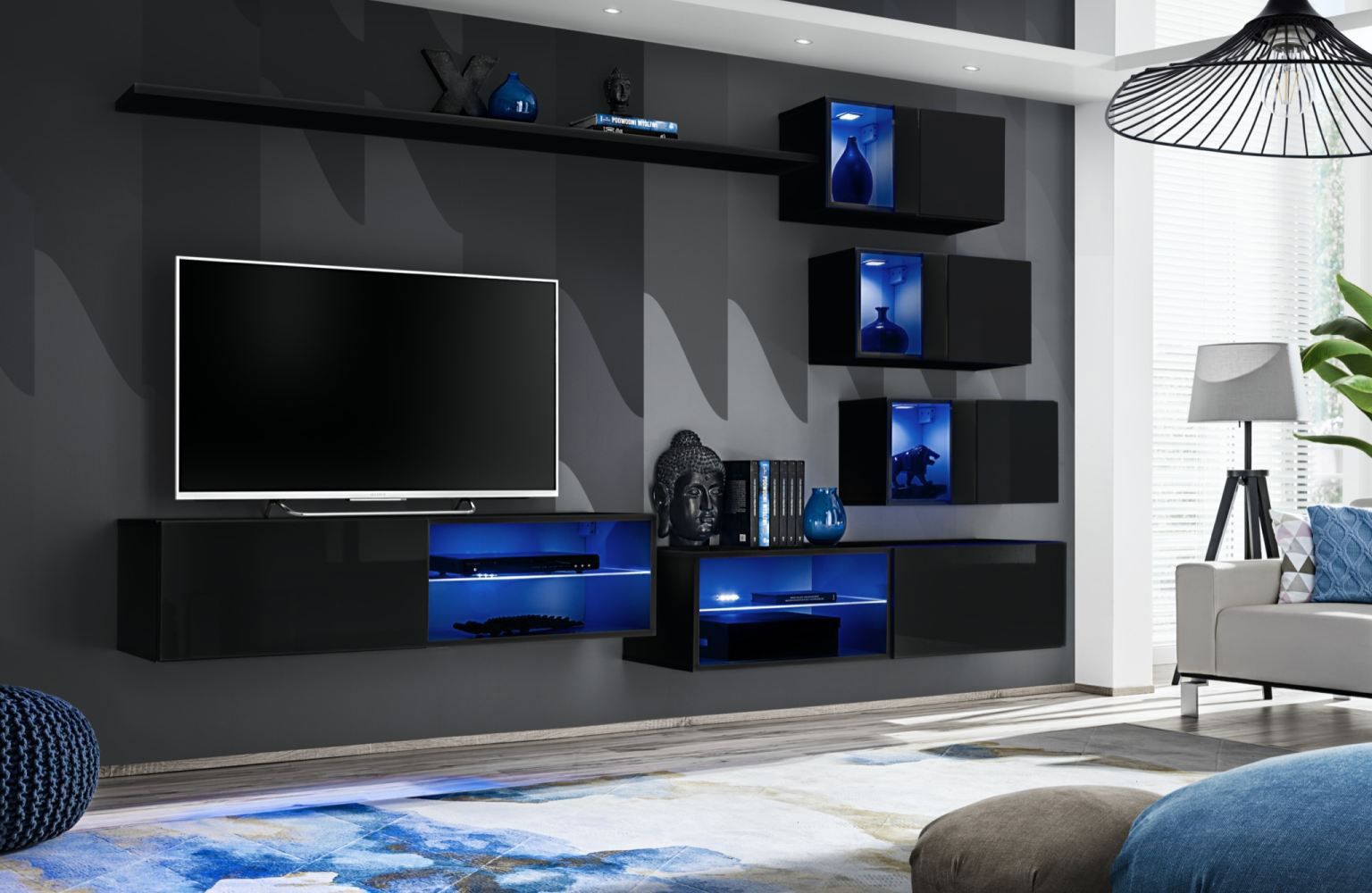 Mur de salon sobre Volleberg 50, Couleur : Noir - dimensions : 150 x 250 x 40 cm (h x l x p), avec éclairage LED bleu