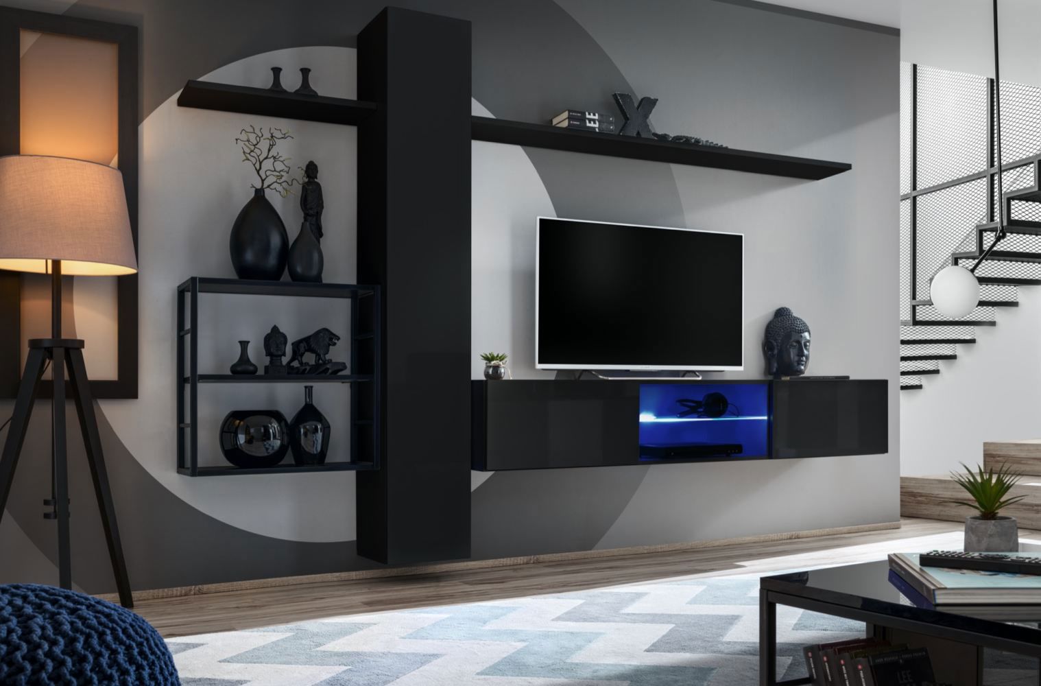 Mur de salon suspendu Valand 18, Couleur : Noir - dimensions : 180 x 270 x 40 cm (h x l x p), avec éclairage LED bleu