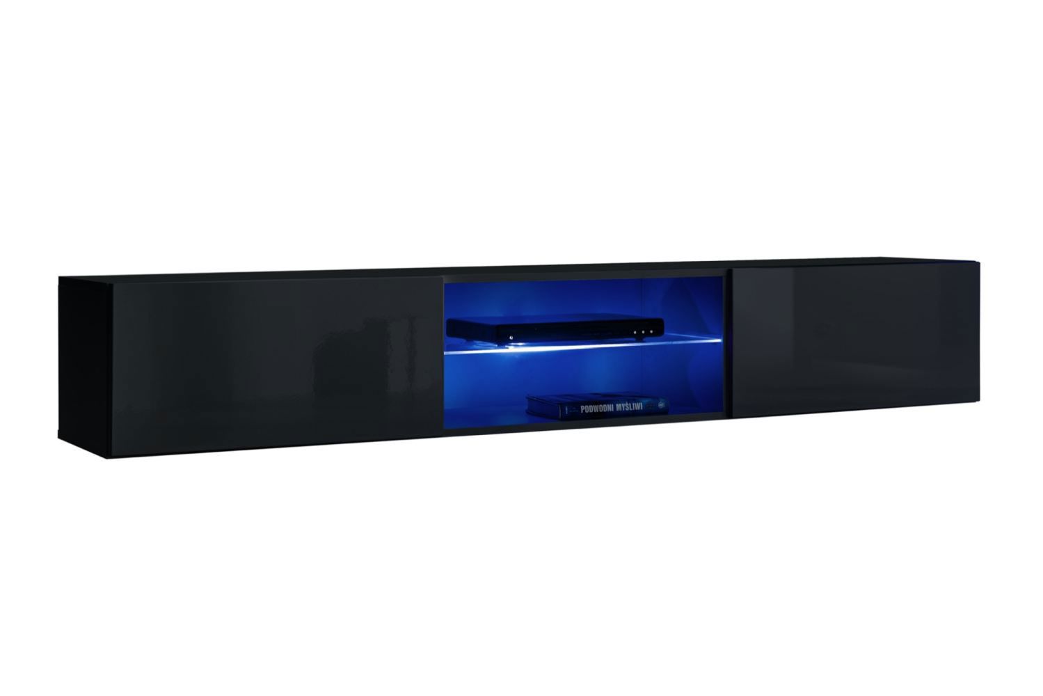 Meuble TV moderne à deux portes Möllen 18, Couleur : Noir - Dimensions : 30 x 180 x 40 cm (H x L x P), avec éclairage LED