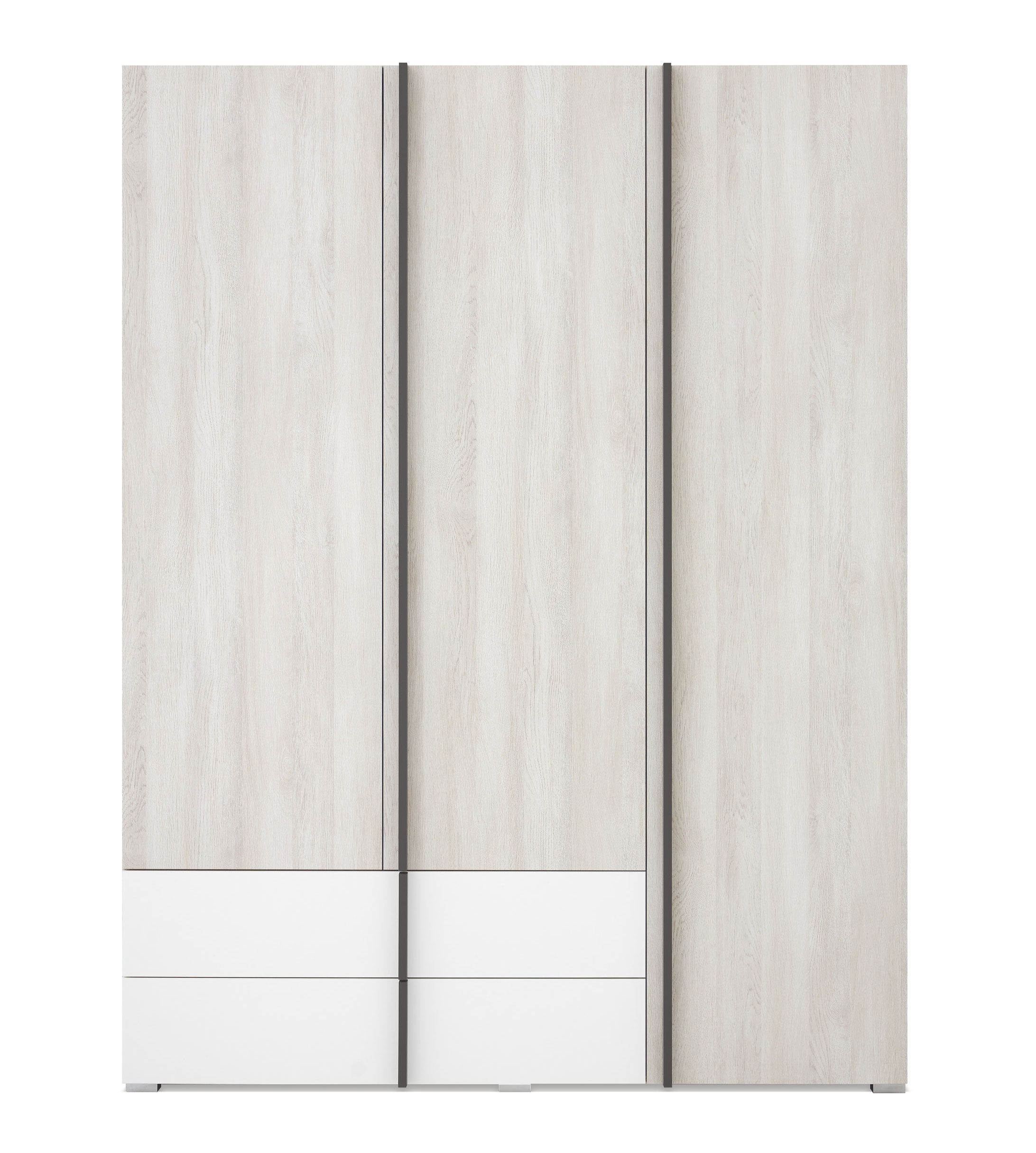 Armoire grand format à trois portes Schilde 01, Couleur : Chêne Blanc / Blanc / Anthracite - Dimensions : 195 x 150 x 53 cm (H x L x P)