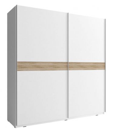 Armoire simple à portes coulissantes avec cinq casiers Warbreck 03, Couleur : Blanc / Chêne de Sonoma - Dimensions : 214 x 150 x 63 cm (H x L x P)